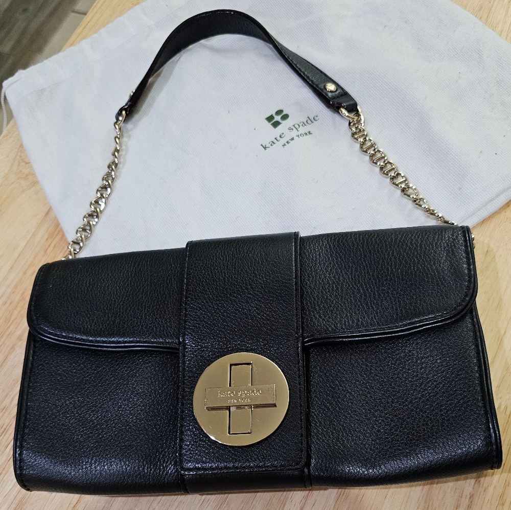 Kate Spade Black Leather 2 Way Clutch Shoulder Handbag Gold Chain & Dustbag EUC